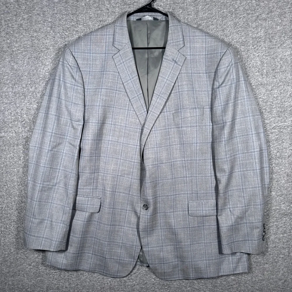 Jos A Bank Sport Coat Mens 52L Traditional Fit Grey Plaid Wool Traveler Blazer